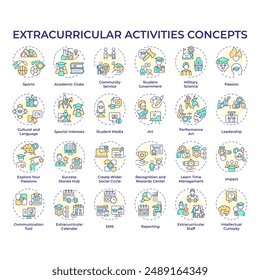 Actividades extracurriculares iconos de concepto multicolor. Actividades después de la escuela. Organizaciones juveniles. Desarrollo de habilidades. Paquete de iconos. Imágenes vectoriales. Ilustraciones de forma redonda. idea Abstractas