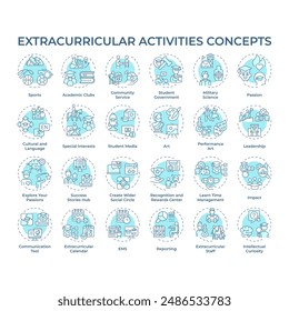 Extracurricular activities soft blue concept icons. After school activities. Youth organizations. Skills development. Icon pack. Vector images. Round shape illustrations. Abstract idea