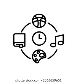 
extracurricular icon,
Clock surrounded by activity symbols for time management concept. Suitable for describing productivity, efficiency, scheduling hobbies such as sports, music, art etc.