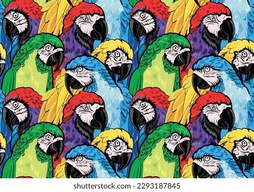 Extraordinary bright and colorful seamless pattern of green, blue, yellow, red, violet super cool hand drawn parrots. Can be used for a textile print, wrapping paper design, decoration, and wallpapers