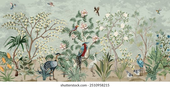  Fondo de pantalla floral extraordinario para la decoración de la pared, mural de pared tropical, pavo real, pájaros, fondo de la acuarela.