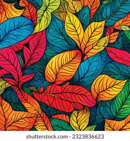 Extraordinario y encantador patrón dibujado a mano de hojas abstractas en colores arcoiris