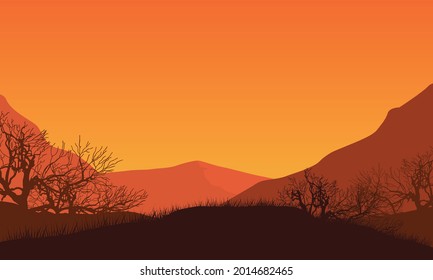 An extraordinary mountains view from out of town at sunset with the silhouettes of dry tree branches around it. Vector illustration of a city