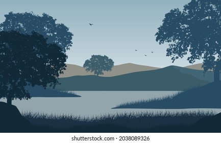 An extraordinary mountains view from the riverbank in the morning with the silhouettes of large trees around it. Vector illustration of a city