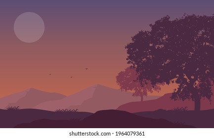 The extraordinary natural scenery in the evening from the edge of the city. Vector illustration of a city