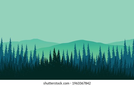 An extraordinary panorama of the mountains with the forest in the morning. Vector illustration of a city