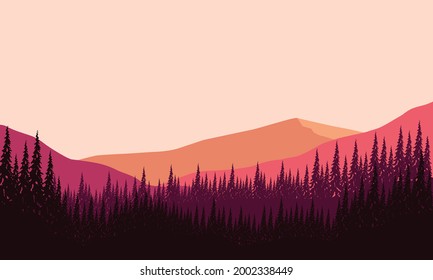 An extraordinary panoramic silhouette of mountains with forests in the afternoon from the edge of the city. Vector illustration of a city