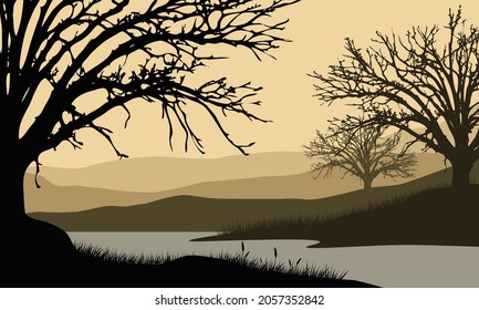 Extraordinary panoramic view of the mountains in the afternoon from the lakeside with the silhouettes of dry trees around it. Vector illustration of a city