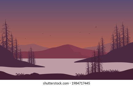 The extraordinary panoramic view of the mountains from the riverbank at night. Vector illustration of a city