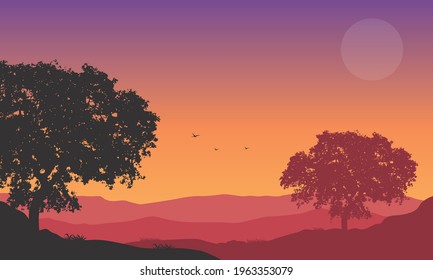 The extraordinary panoramic view of the twilight sky with beautiful mountain views. Vector illustration of a city