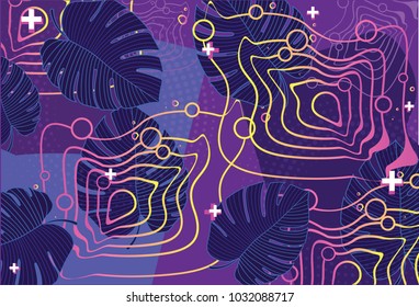 extraordinary vector abstract waves,geometrical forms,dots,monstera and palm leaves,tropical elements on background with square shapes.Unique and unusual,atypical pattern for modern awesome design