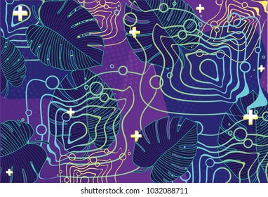 extraordinary vector abstract waves,sign plus,geometrical forms,dots,monstera leaves,tropical elements on background with square shapes.Unique and unusual,atypical pattern for modern awesome design