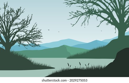 An extraordinary view of the mountains from the riverbank in the morning with the aesthetic silhouette of tree branches. Vector illustration of a city