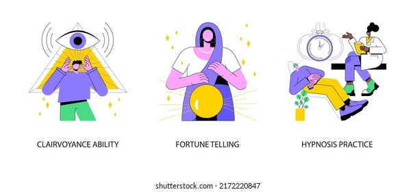 Extrasensory Ability Abstract Concept Vector Illustration Set. Clairvoyance Ability, Fortune Telling, Hypnosis Practice, Tarot Reading Services, Crystal Ball, Medical Trance Abstract Metaphor.