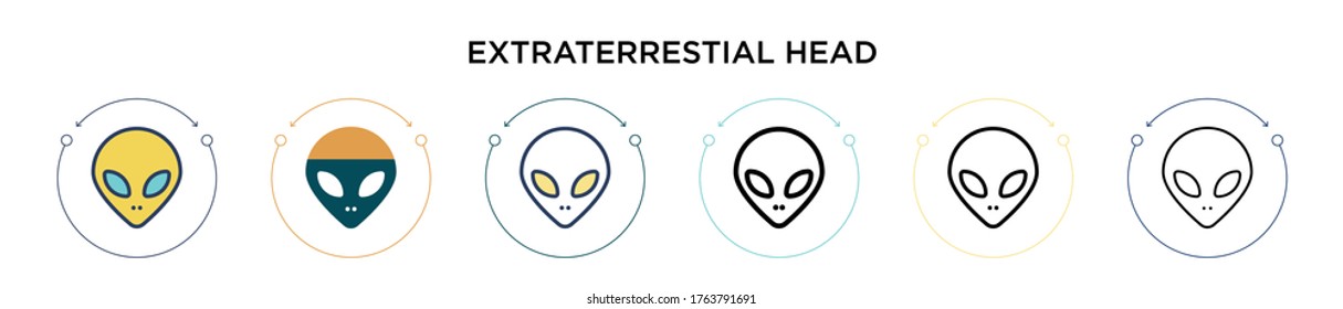 Extraterrestial head icon in filled, thin line, outline and stroke style. Vector illustration of two colored and black extraterrestial head vector icons designs can be used for mobile, ui, web