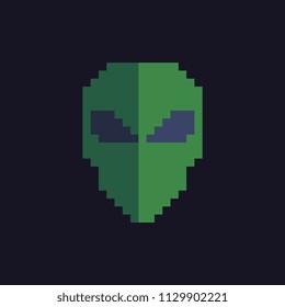 Extraterrestrial alien face or head symbol pixel art icon. Isolated vector illustration. Design for stickers, logo, app, website.