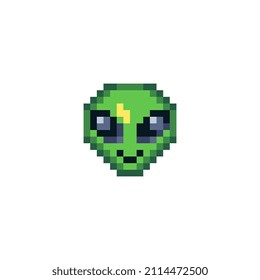 Extraterrestrial alien face or head symbol pixel art icon. Isolated vector illustration. Design for stickers, logo, app, website.