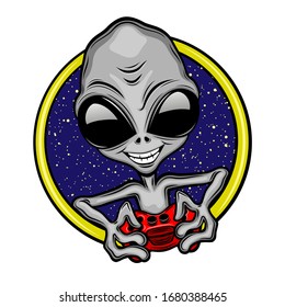 Extraterrestrial alien gamer with a joystick in his hands on a white background.