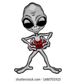 Extraterrestrial alien gamer with a joystick in his hands on a white background.