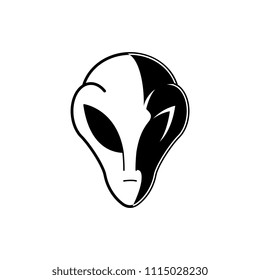 Extraterrestrial alien head or face in black and white colors isolated on white background. Outer space element UFO dweller. Vector illustration of cosmic inhabitant with big black eyes.