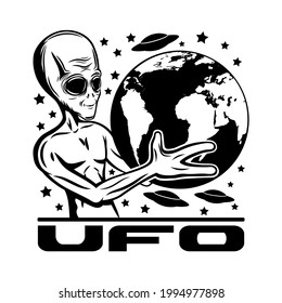 Extraterrestrial alien holding planet Earth in his hands on a white background.