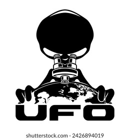 Extraterrestrial alien and planet Earth icon on white background.