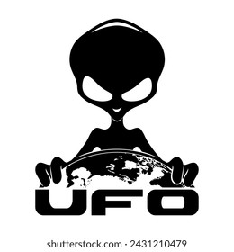 Extraterrestrial alien and planet Earth icon on white background.	