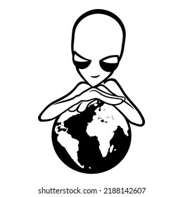 Extraterrestrial alien with planet Earth on white background.