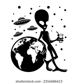 Extraterrestrial alien and planet Earth on white background.