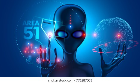 Extraterrestrial alien shows on the virtual map of the UFO crash site at area 51 in Nevada. The head of an alien with big eyes. Hands with long fingers. Extraterrestrial technology. Future concept.