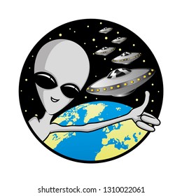 Extraterrestrial alien in space and the planet Earth.
