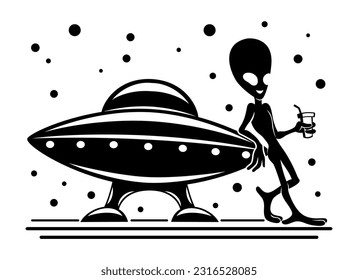 Extraterrestre alienígena parado con un vaso en la mano sobre un fondo blanco.