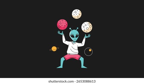 An Extraterrestrial Being Skillfully Juggles Multiple Celestial Spheres with a Playful Expression Against a Dark Cosmic Backdrop