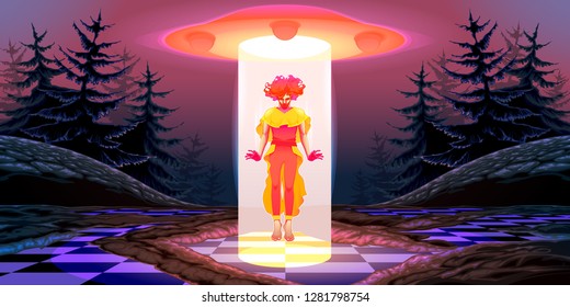 An extraterrestrial character is descending from his spaceship. Vector illustration