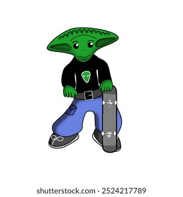 extraterrestrial - creature - alien adolescent in human clothes with a skateboard