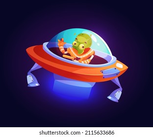 Extraterrestrial creature flying in saucer, unidentified cartoon character in cosmos. Alien in shuttle floating in space, dwellers of universe galaxy. Fantasy personage in spaceship or spacecraft