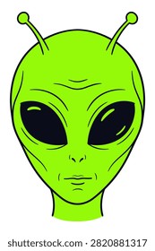 Extraterrestrial creature head design with bright green skin large dark eyes and antennae for science fiction theme.