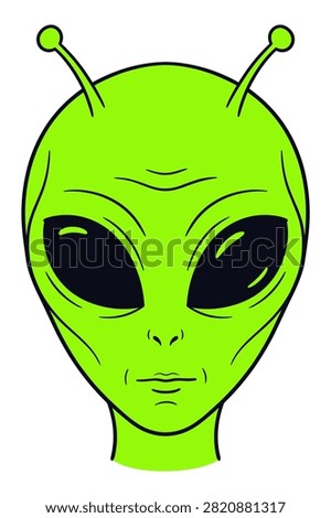 Extraterrestrial creature head design with bright green skin large dark eyes and antennae for science fiction theme.