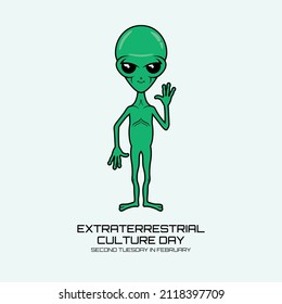 Vector del Día de la Cultura Extraterrestre. Gracioso personaje de caricatura extraterrestre verde. Icono de vector extraterritorial sonriente. El segundo martes de febrero. Día importante