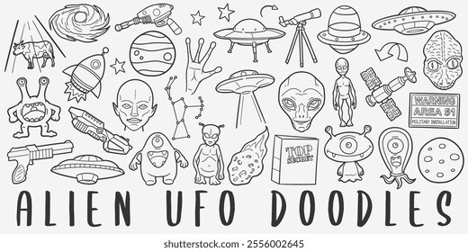 Extraterrestrial Doodle Icons Black and White Line Art. Alien Clipart Hand Drawn Symbol Design.