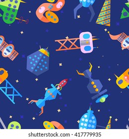 Extraterrestrial future city pattern in cartoon flat style. Bright future city.