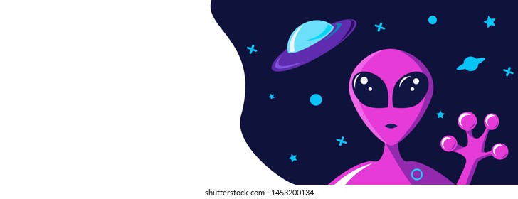 Extraterrestrial greets welcome hand concept. Invitation card on a fantasy space theme with a portrait of a purple alien and flying saucer ship spacecraft. Copy space vector illustration.