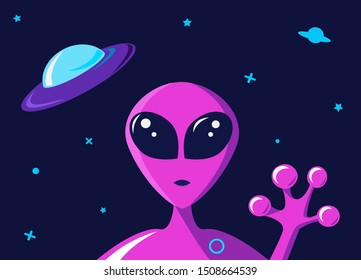 Extraterrestrial humanoid character waves his hand against the background of a flying saucer. Spaceship above the alien head. Vector illustration in flat style