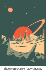 Extraterrestrial Landscape, Alien Planets, Mountains, Rocks and Stars, Retro Future Style Illustration 