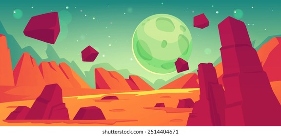 Extraterrestrial landscape of Mars. Planet. Alien red desert. Burnt surface with rocks and craters. Lack of gravity. Moon and starry sky. Horizontal banner. Cartoon style. Vector illustration.