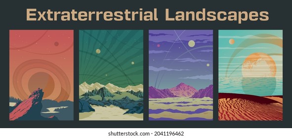 Extraterrestrial Landscapes Illustration Set, Mountains, Sea, Sands and Alien Planets 