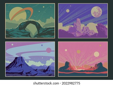 Extraterrestrial Landscapes, Night Scenes, Mountains, Alien Planets, Colorful Illustrations