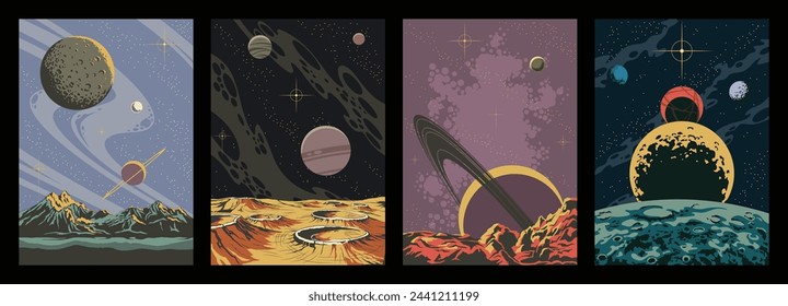 Paisajes Extraterrestres, Planetas, Asteroides, Luna, Cráteres, Conjunto de Ilustración Espacial