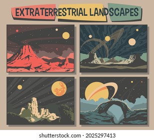 Extraterrestrial Landscapes Retro Illustrations Style, Mountains, Volcano, Planets and Stars 