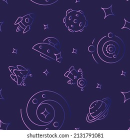 Extraterrestrial life abstract seamless pattern. Vector shapes on dark purple background. Trendy texture with cartoon color icons. Design with graphic elements for interior, fabric, website decoration